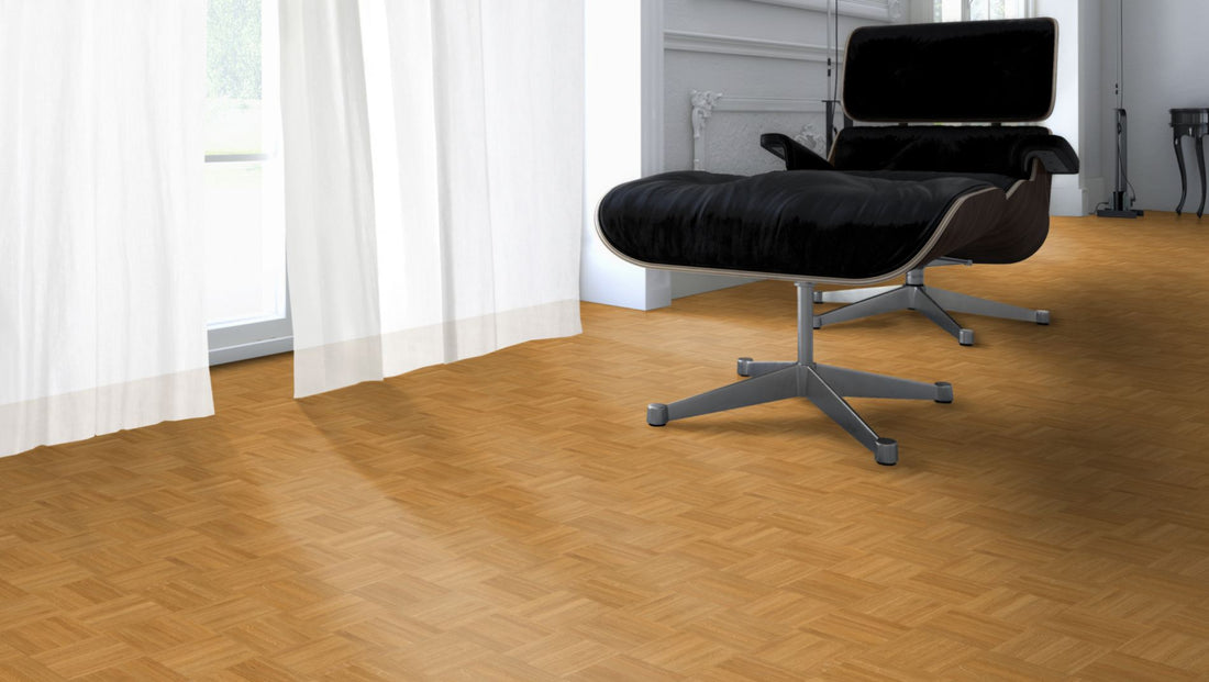 Eiche Exquisit Mosaikparkett Würfel – Beispielbild Designer Stuhl