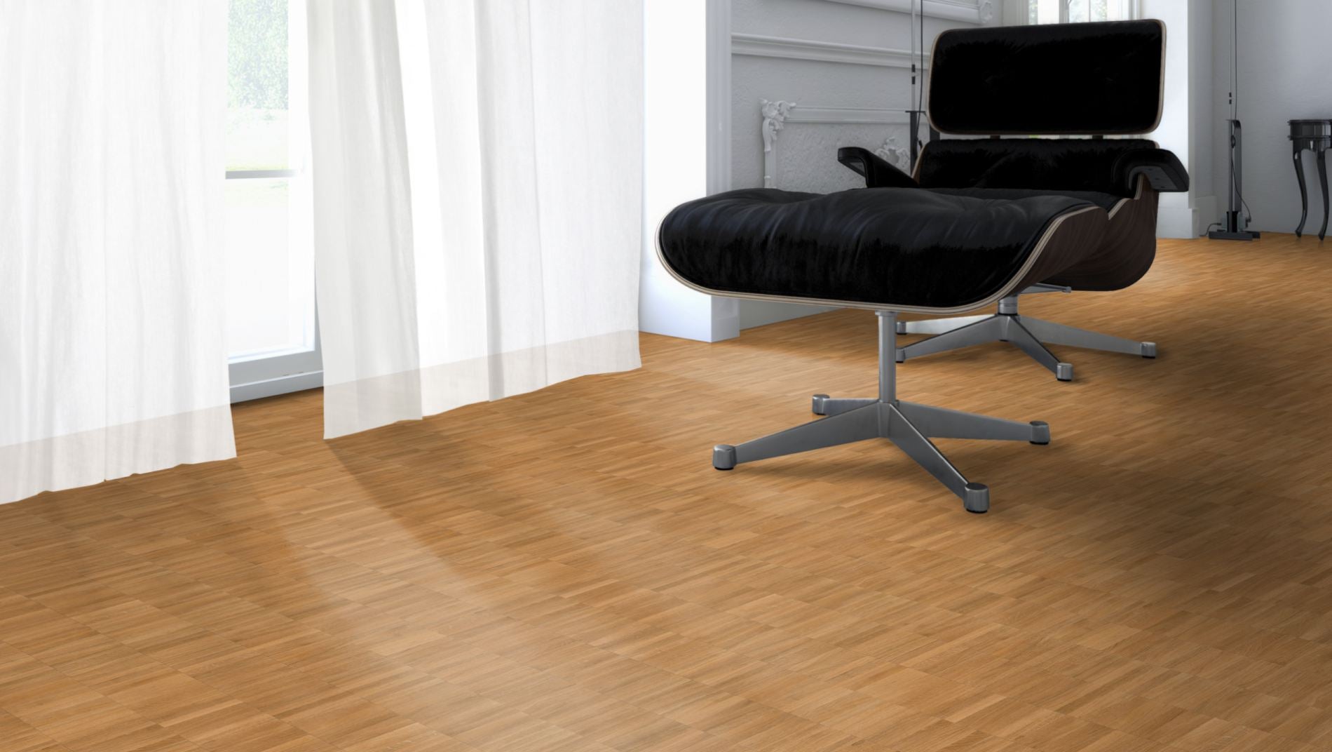 Eiche Exquisit Mosaikparkett Parallel – Beispielbild Designer Stuhl