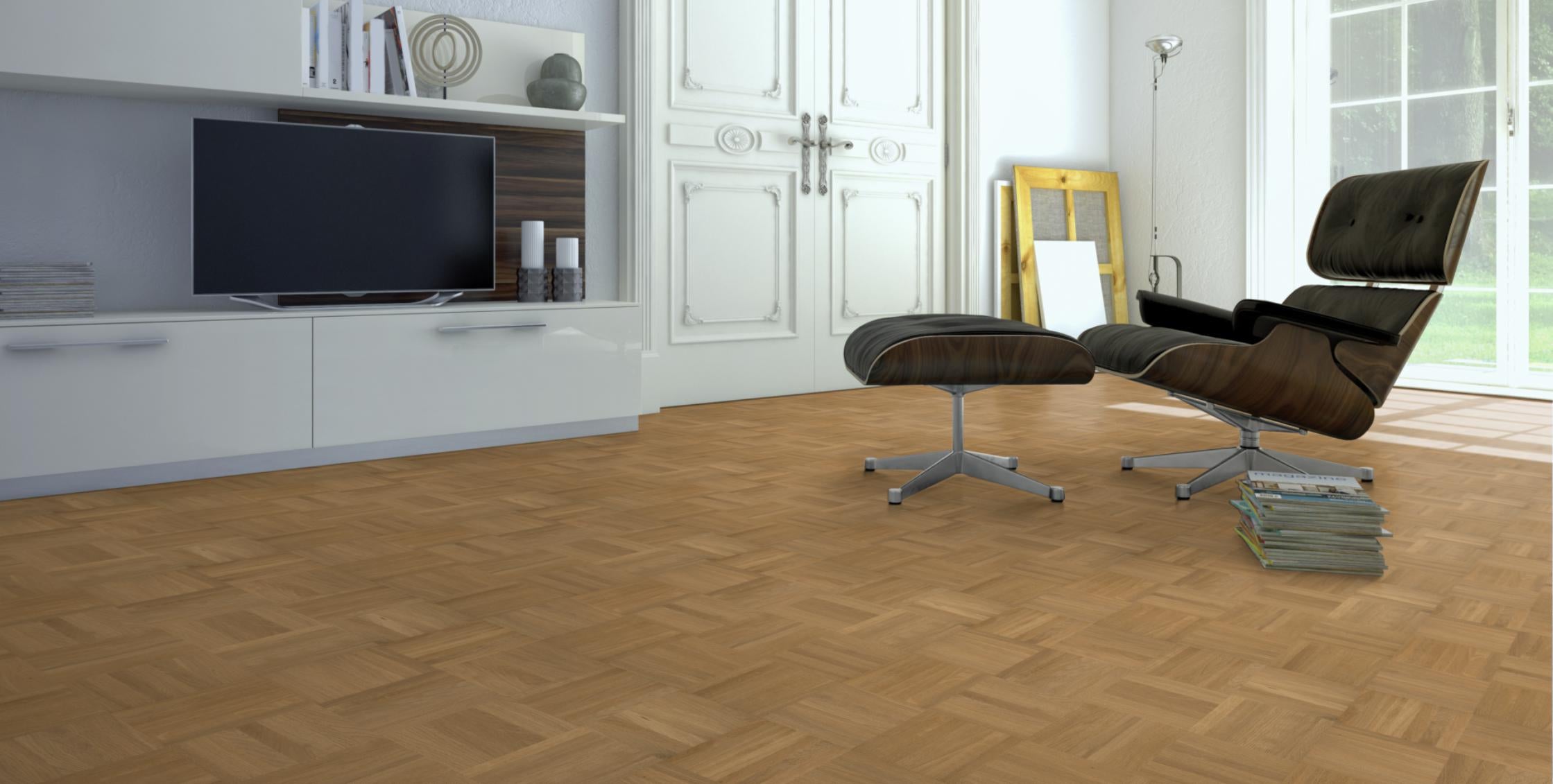 Eiche Natur/Select Mosaikparkett Würfel – Beispielbild Wohnzimmer mit Designer–Stuhl