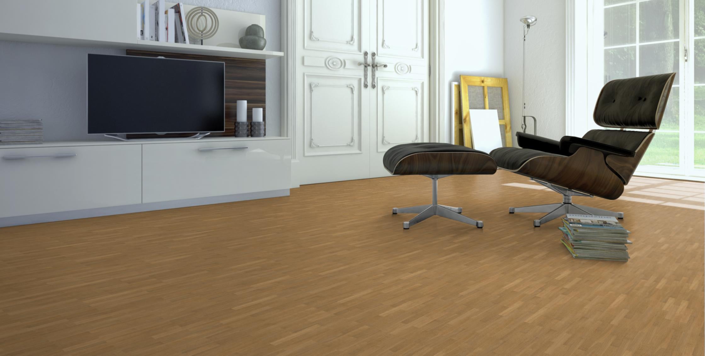 Eiche Natur/Select Mosaikparkett englischer Verband – Beispielbild Wohnzimmer mit Designer–Stuhl