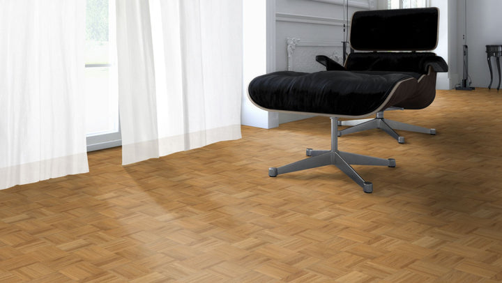 Eiche Standard Mosaikparkett Würfel – Beispielbild Designer Stuhl