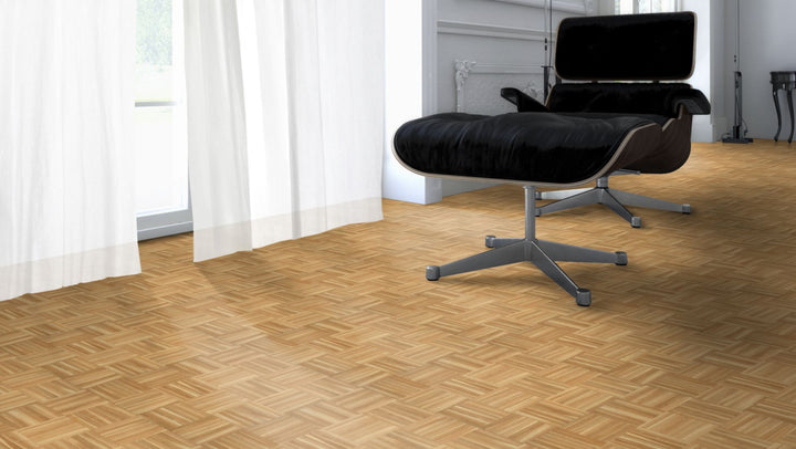 Eiche Gestreift Mosaikparkett Würfel – Beispielbild Designer Stuhl