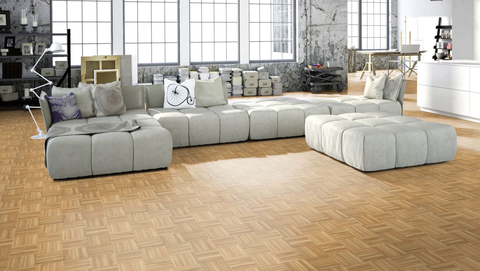 Eiche Gestreift Mosaikparkett Würfel – Beispielbild Wohnzimmer mit grauem Sofa