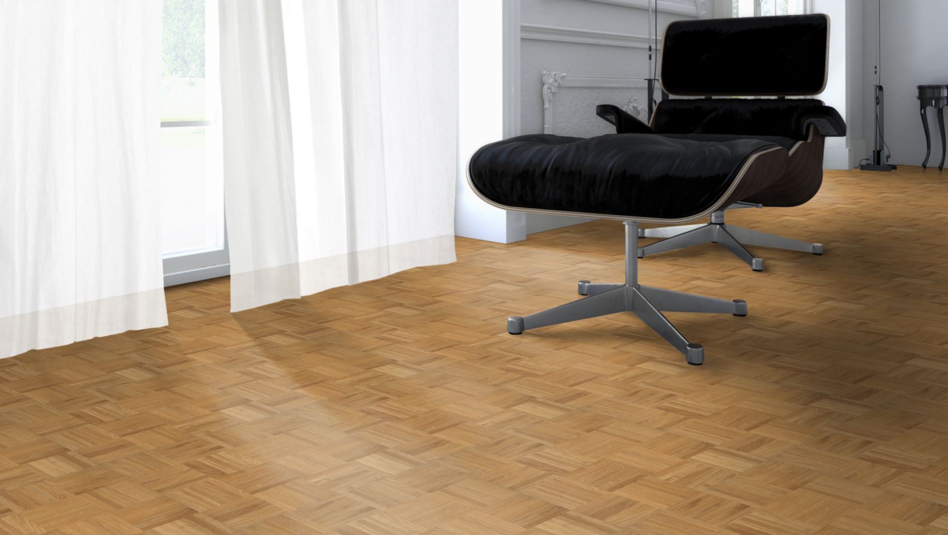 Eiche Rustikal Mosaikparkett Würfel – Beispielbild Designer Stuhl