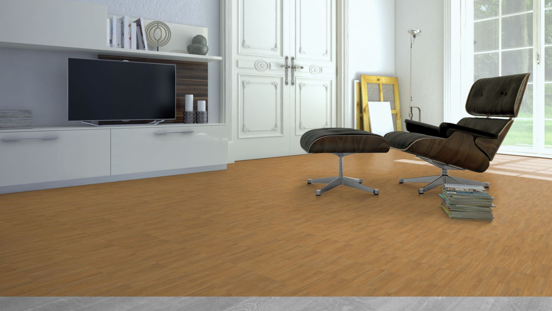 Eiche Rustikal Mosaikparkett Parallel – Beispielbild Wohnzimmer mit Designer–Stuhl