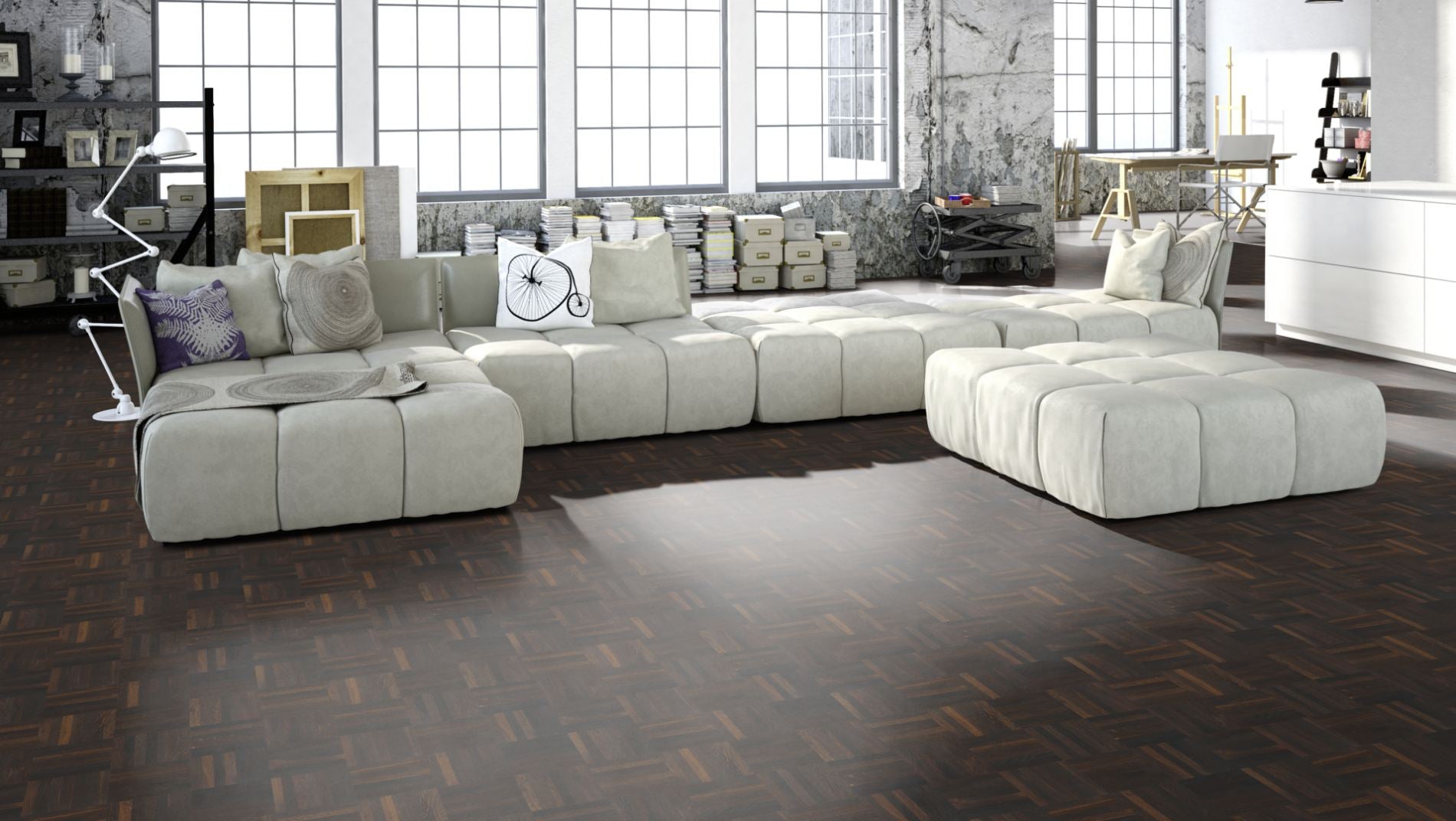 Räuchereiche Naturell Mosaikparkett Würfel – Beispielbild Wohnzimmer mit grauem Sofa