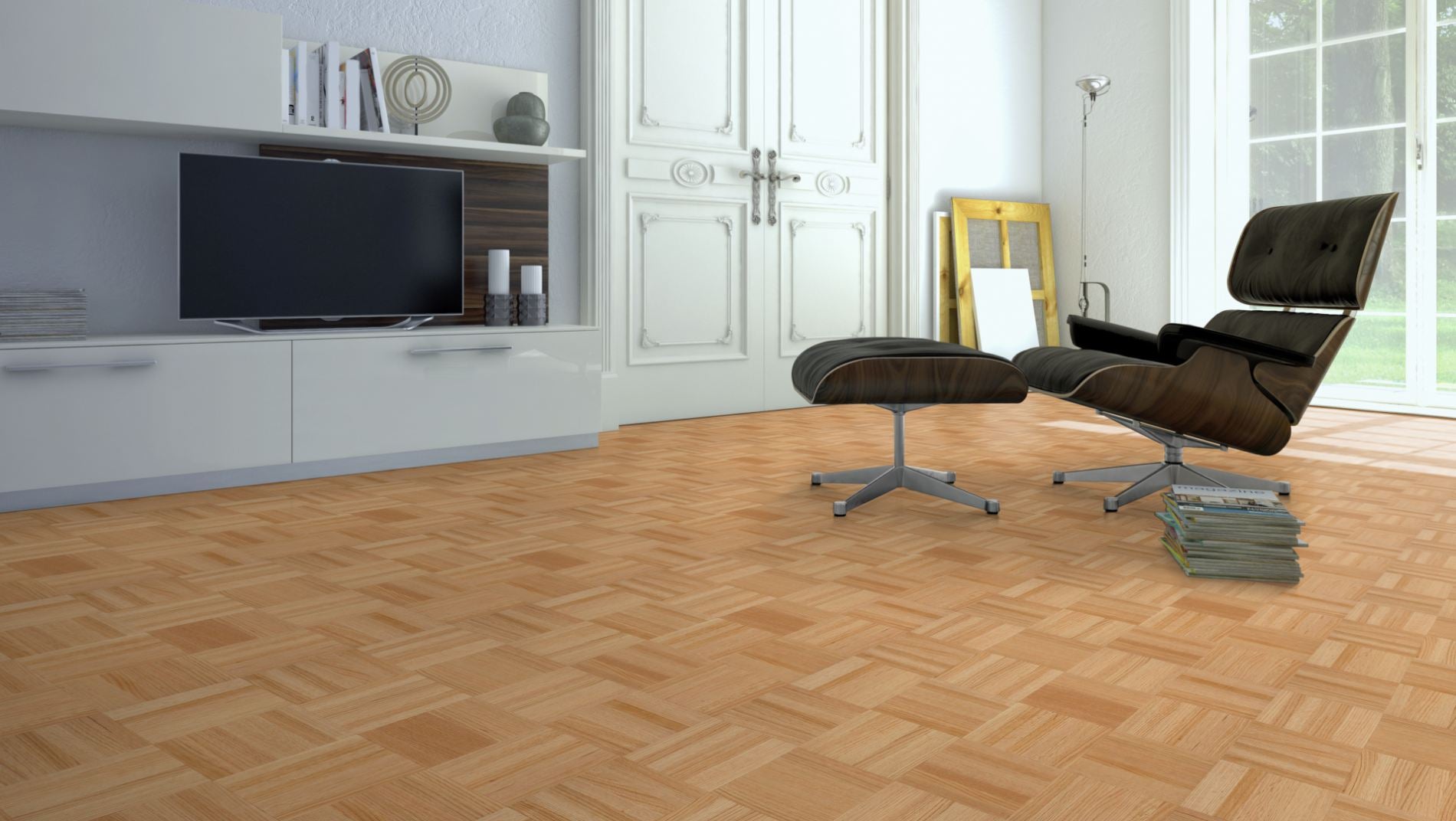 Roteiche Natur/Select Mosaikparkett Würfel – Beispielbild Wohnzimmer mit Designer–Stuhl