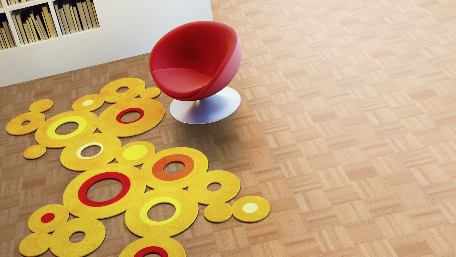 Roteiche Natur/Select Mosaikparkett Würfel – Beispielbild Wohnzimmer mit rotem Stuhl