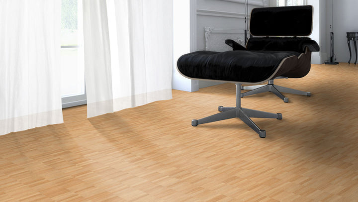 Roteiche Natur/Select Mosaikparkett Parallel – Beispielbild Designer Stuhl