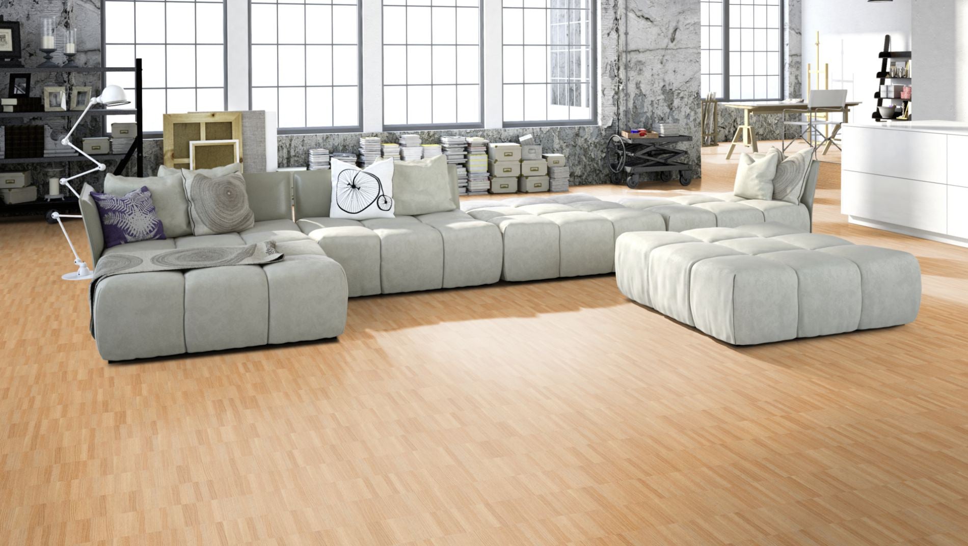 Roteiche Natur/Select Mosaikparkett Parallel – Beispielbild Wohnzimmer mit grauem Sofa