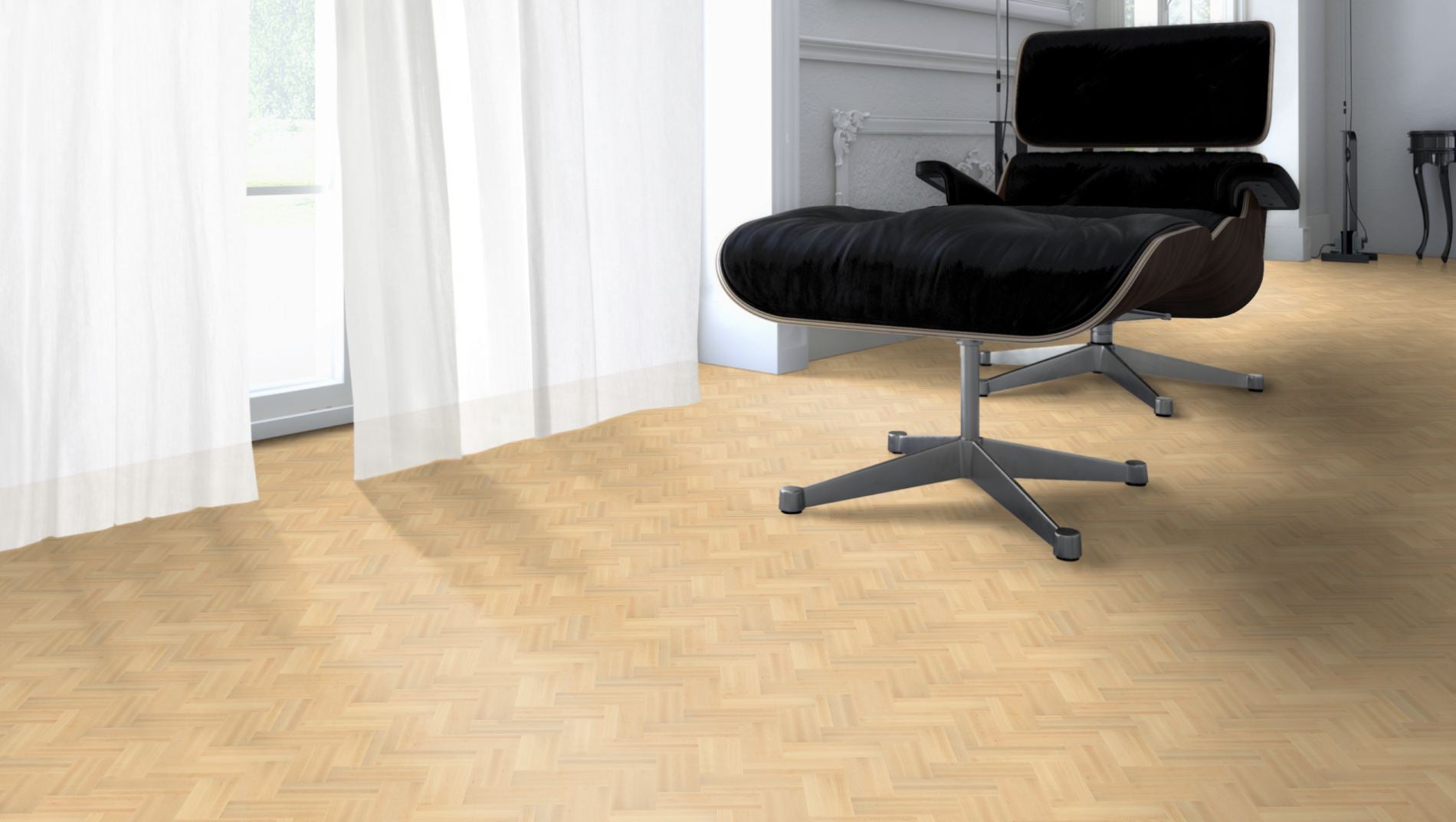 Ahorn kanad. Natur/Select Mosaikparkett 3-fach Fischgrät – Beispielbild Designer Stuhl