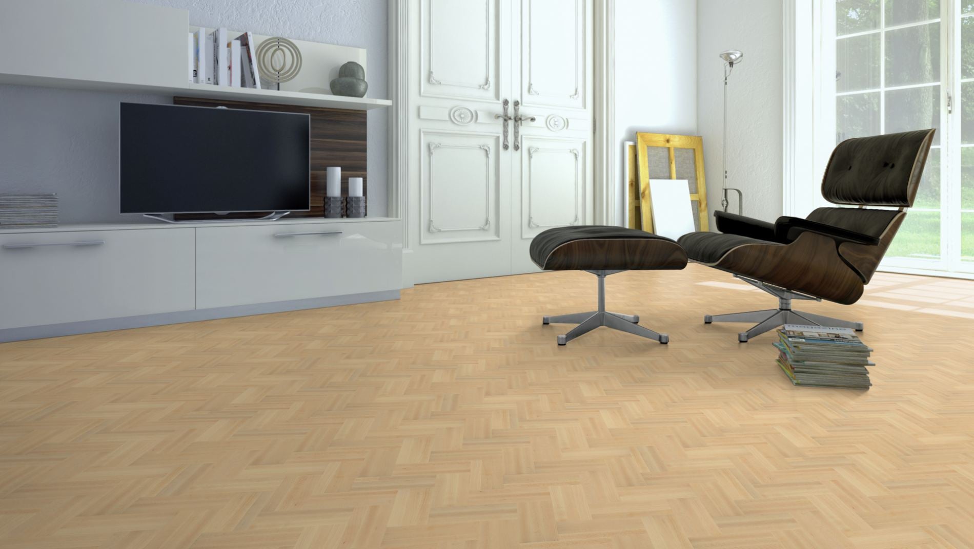 Ahorn kanad. Natur/Select Mosaikparkett 3-fach Fischgrät – Beispielbild Wohnzimmer mit Designer–Stuhl