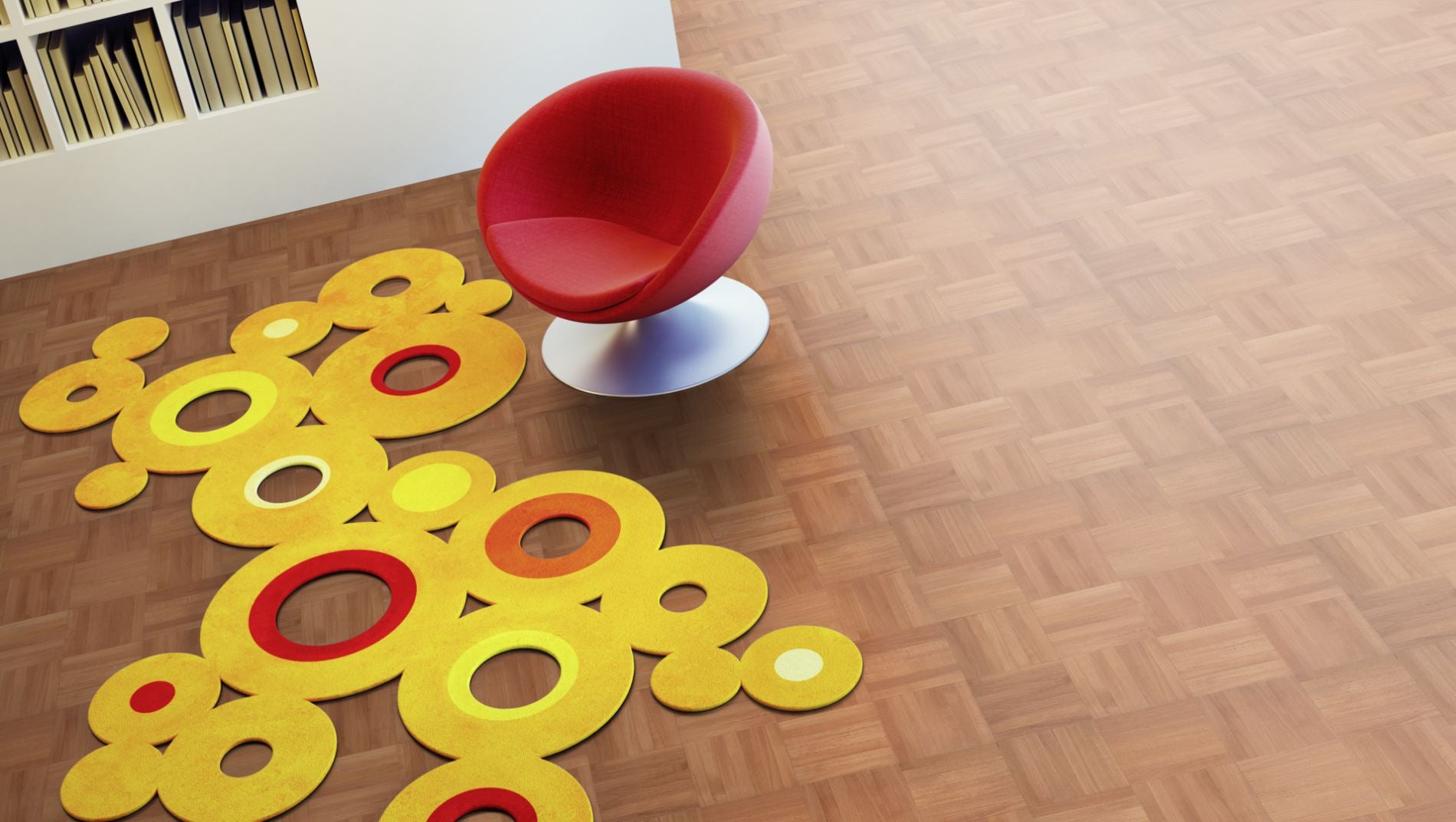 Buche ged. Natur/Select Mosaikparkett Würfel – Beispielbild Wohnzimmer mit rotem Stuhl
