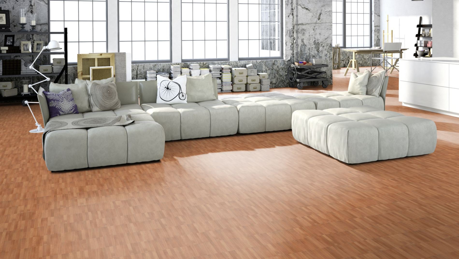 Buche ged. Natur/Select Mosaikparkett Parallel – Beispielbild Wohnzimmer mit grauem Sofa