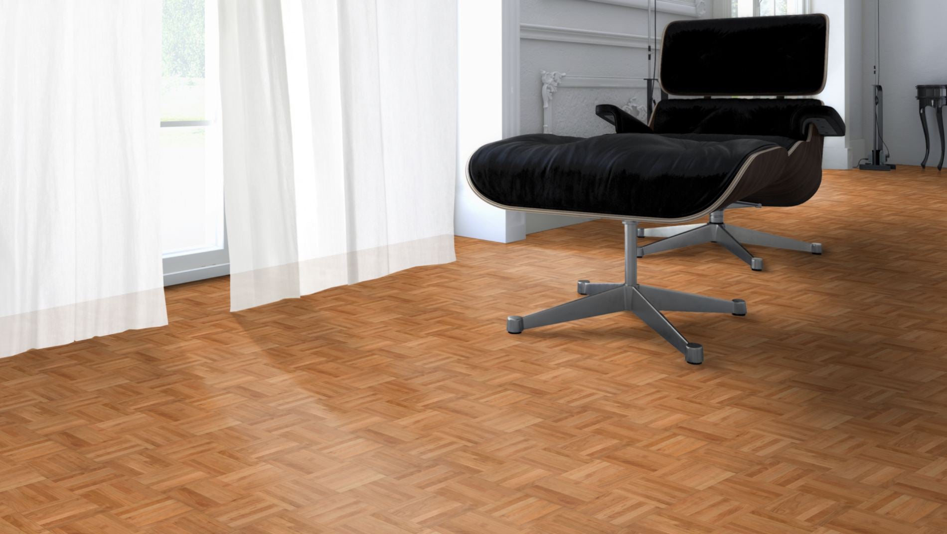 Kirschbaum ami. Natur/Select Mosaikparkett Würfel – Beispielbild Designer Stuhl