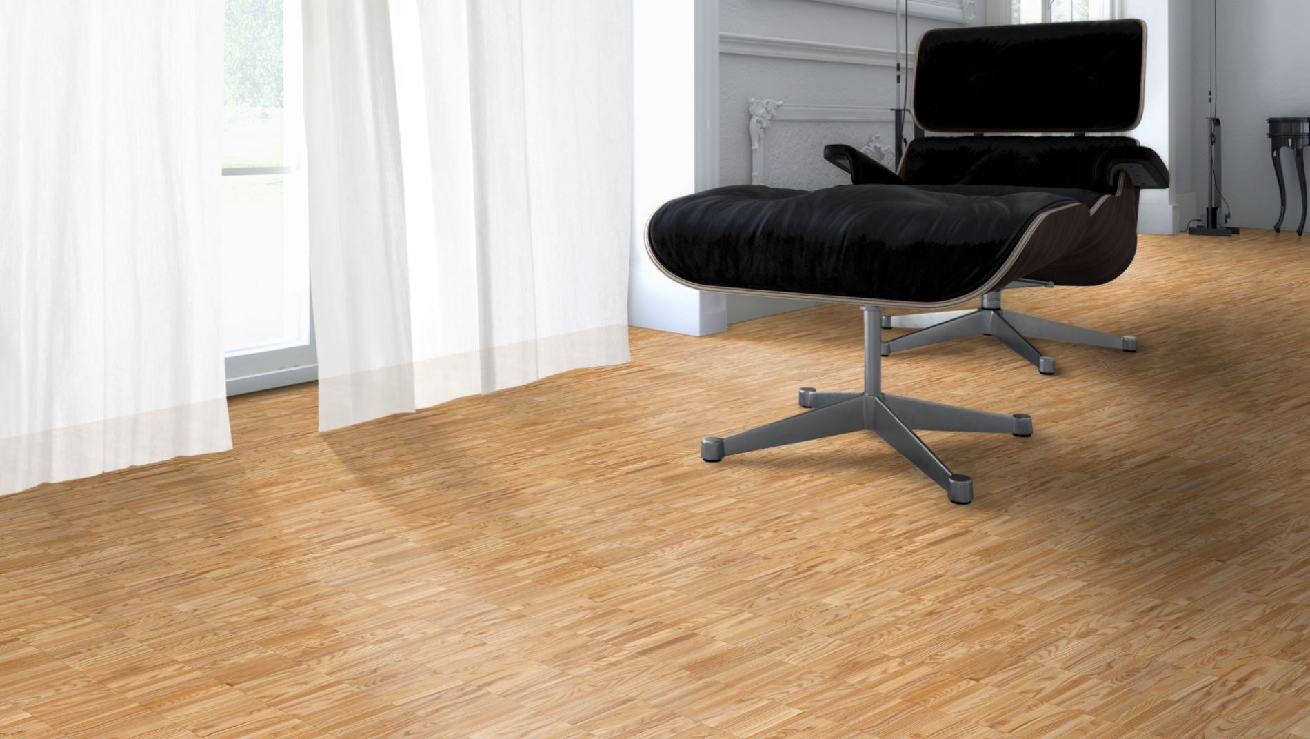 Esche Rustikal Mosaikparkett Parallel – Beispielbild Designer Stuhl