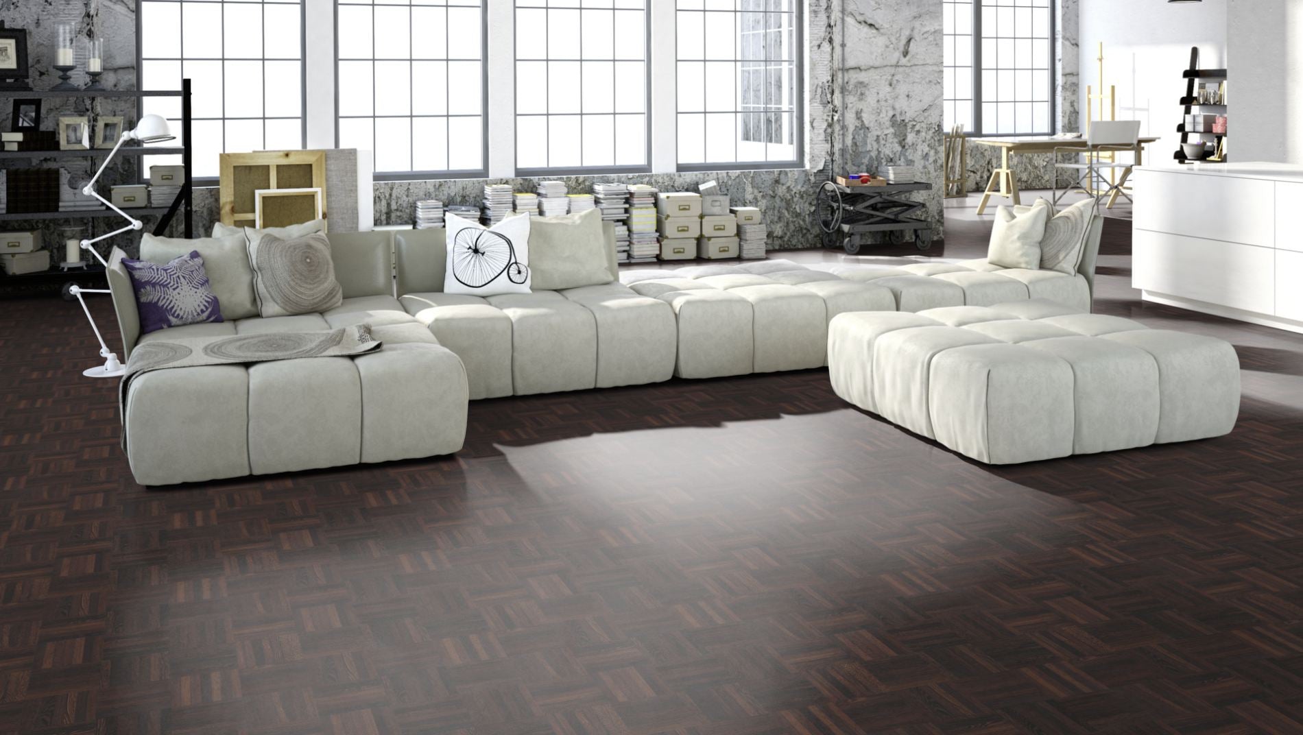Wenge Natur Mosaikparkett Würfel – Beispielbild Wohnzimmer mit grauem Sofa