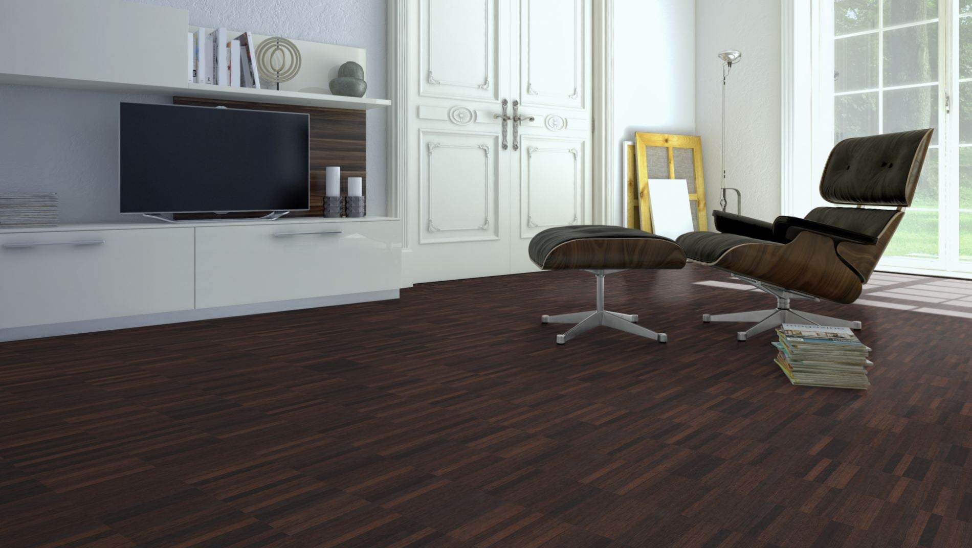 Wenge Natur Mosaikparkett Parallel – Beispielbild Wohnzimmer mit Designer–Stuhl