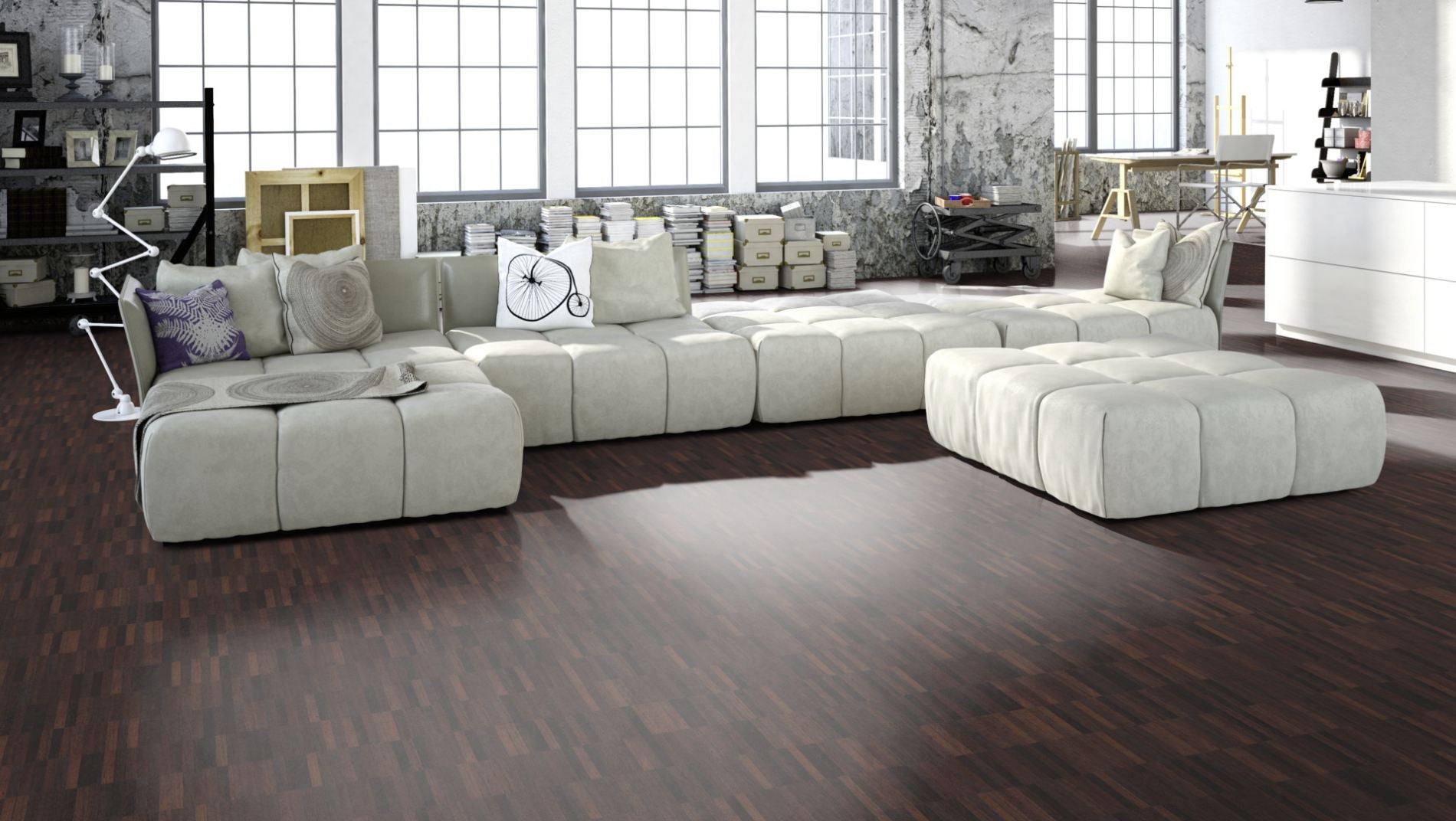 Wenge Natur Mosaikparkett Parallel – Beispielbild Wohnzimmer mit grauem Sofa
