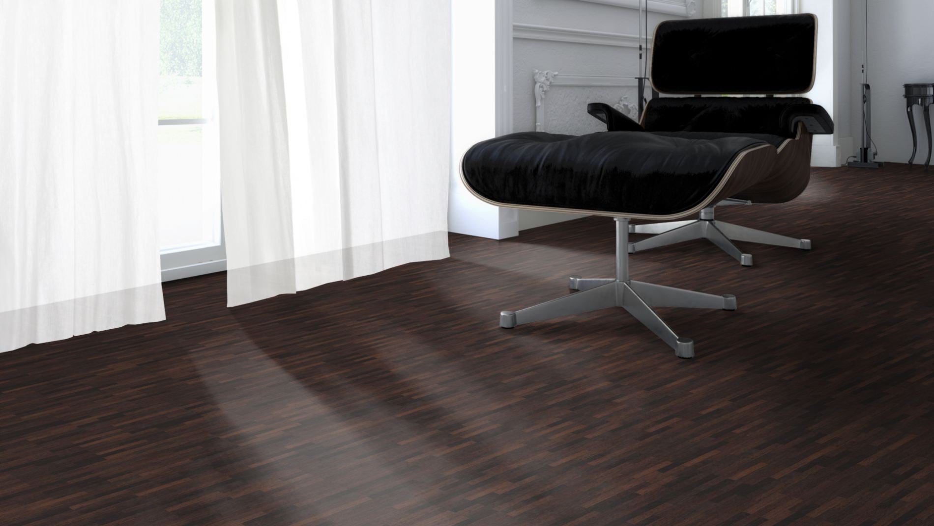 Wenge Natur Mosaikparkett englischer Verband – Beispielbild Designer Stuhl