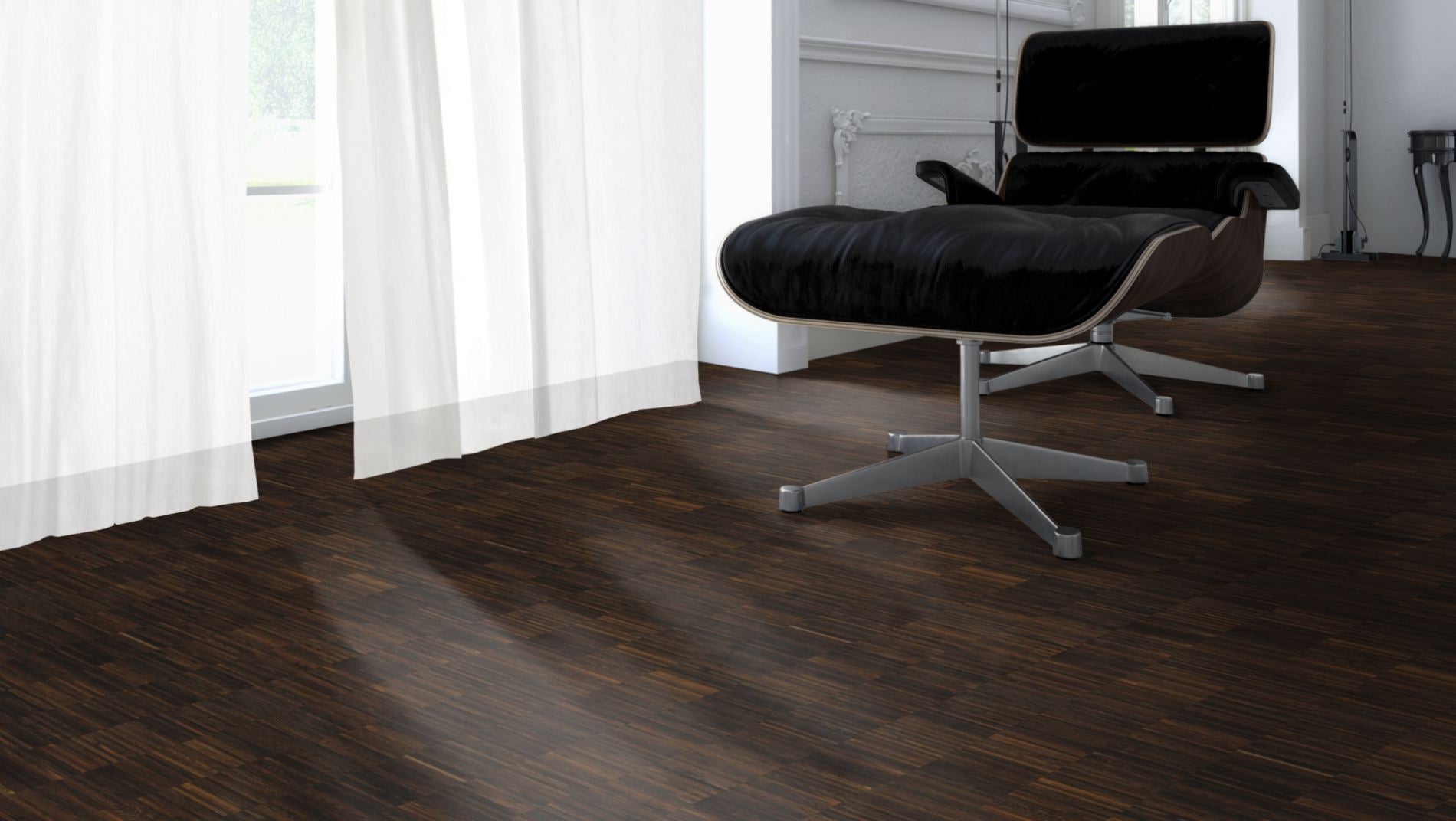 Räuchereiche Naturell Hochkantlamelle 10 × 8 × 160 mm – Beispielbild Designer Stuhl