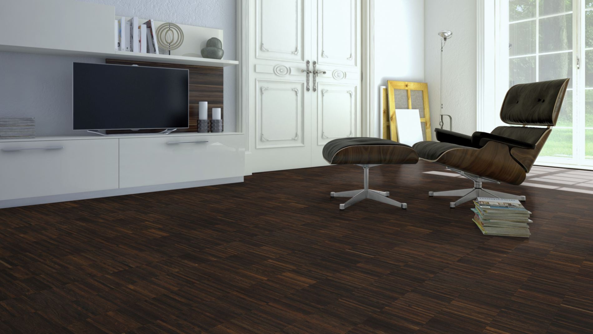 Räuchereiche Naturell Hochkantlamelle 10 × 8 × 160 mm – Beispielbild Wohnzimmer mit Designer–Stuhl