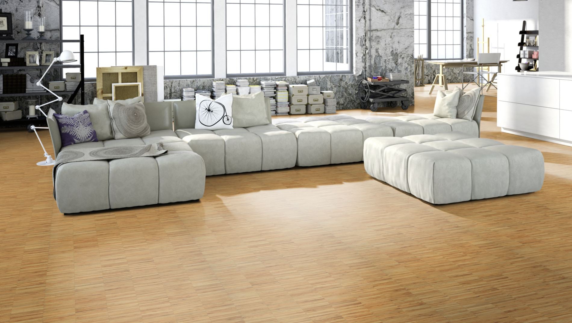 Roteiche Industrie Hochkantlamelle Beispielbild Wohnzimmer mit grauem Sofa