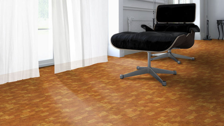 Holzpflaster Lärche RE 22 mm – Beispielbild Designer Stuhl