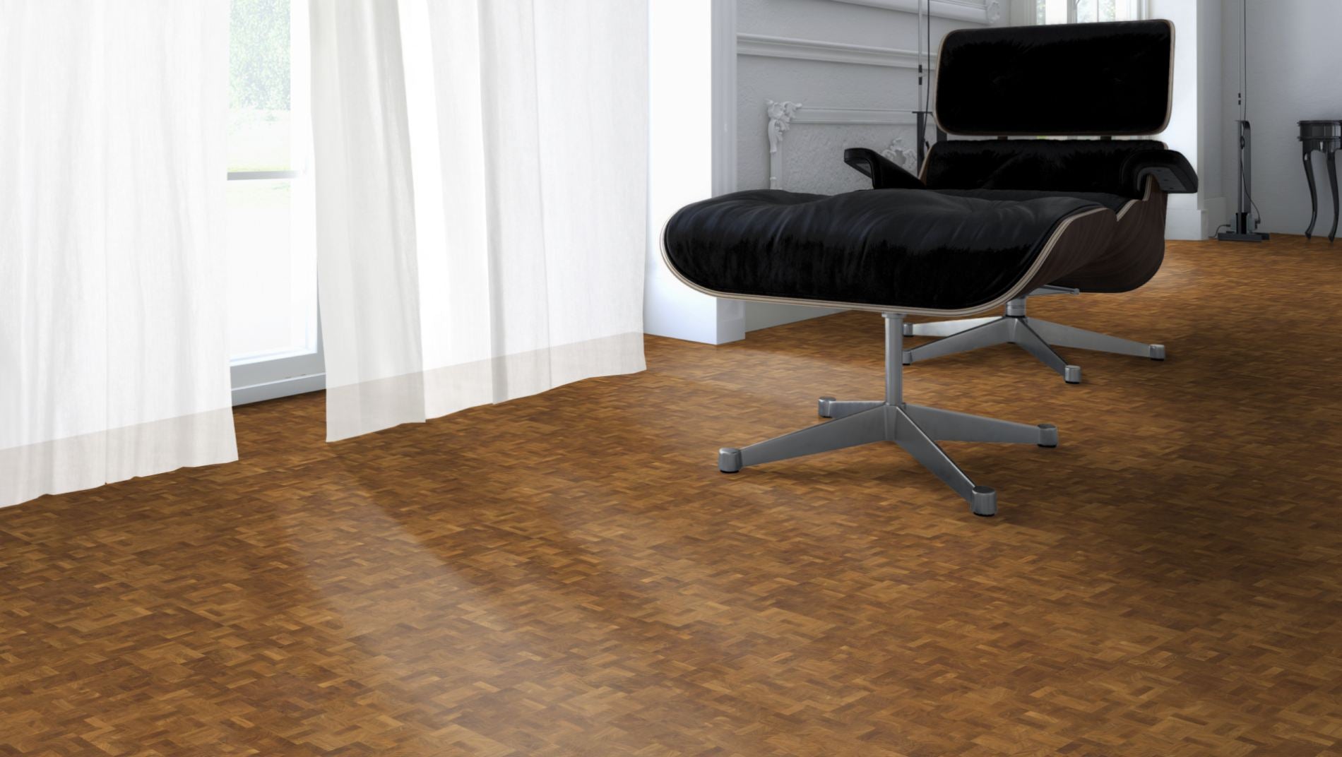 Hirnholzboden Eiche Natur 10 mm Würfel – Beispielbild Designer Stuhl