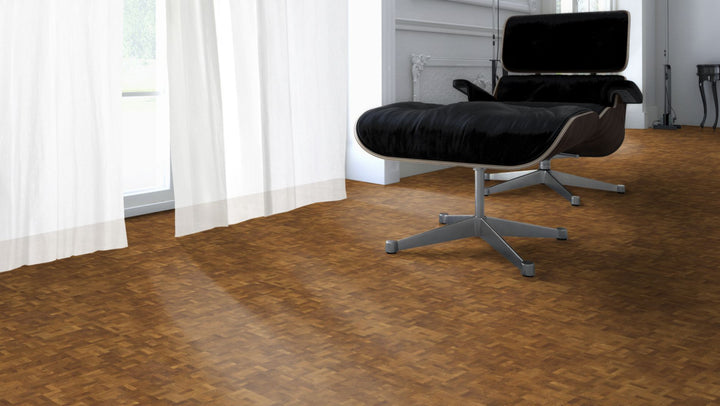 Hirnholzboden Eiche Natur 10 mm Würfel – Beispielbild Designer Stuhl