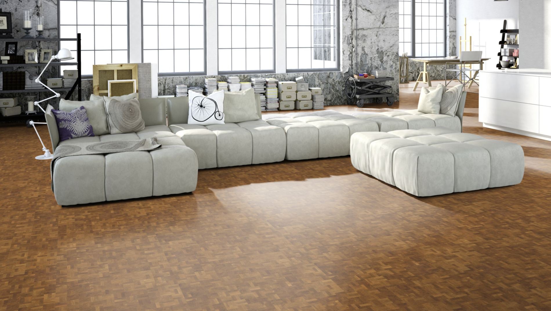 Hirnholzboden Eiche Natur 10 mm Würfel – Beispielbild Wohnzimmer mit grauem Sofa
