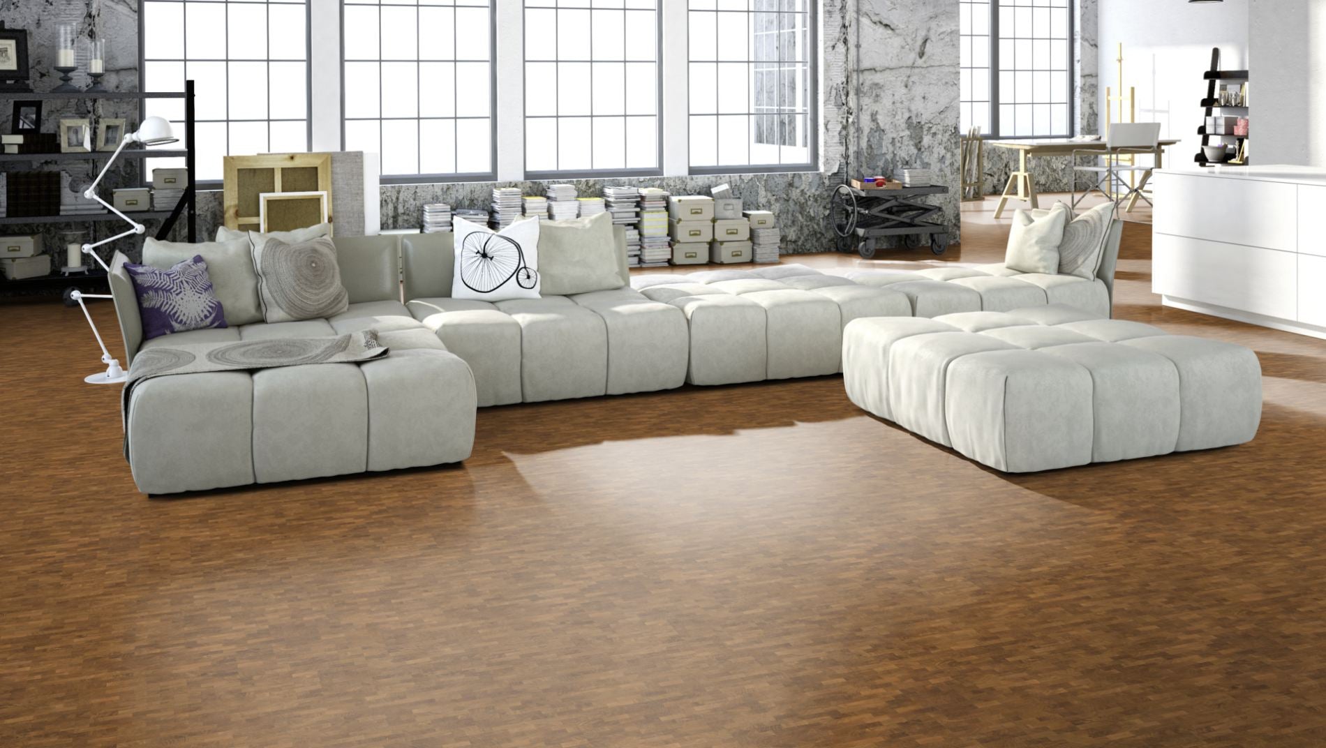 Hirnholzboden Eiche Natur 18 mm engl. Verband – Beispielbild Wohnzimmer mit grauem Sofa
