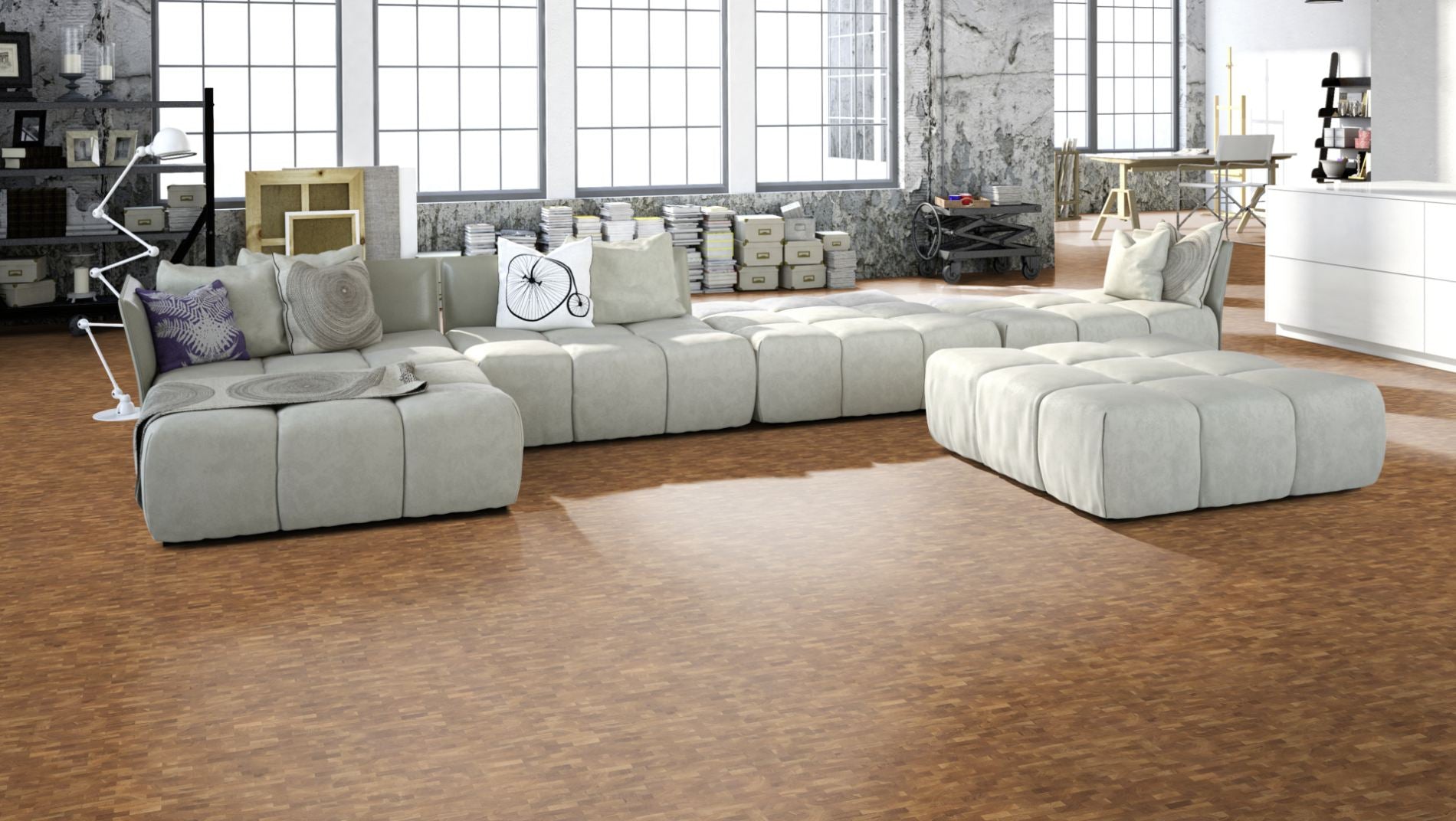Hirnholzboden Eiche Mix 10 mm engl. Verband – Beispielbild Wohnzimmer mit grauem Sofa