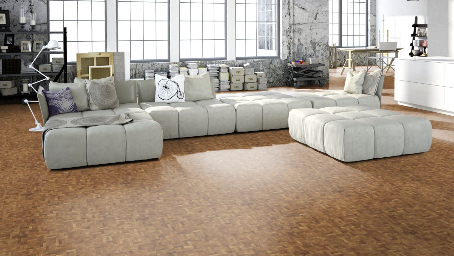 Hirnholzboden Eiche Mix 10 mm Würfel – Beispielbild Wohnzimmer mit grauem Sofa