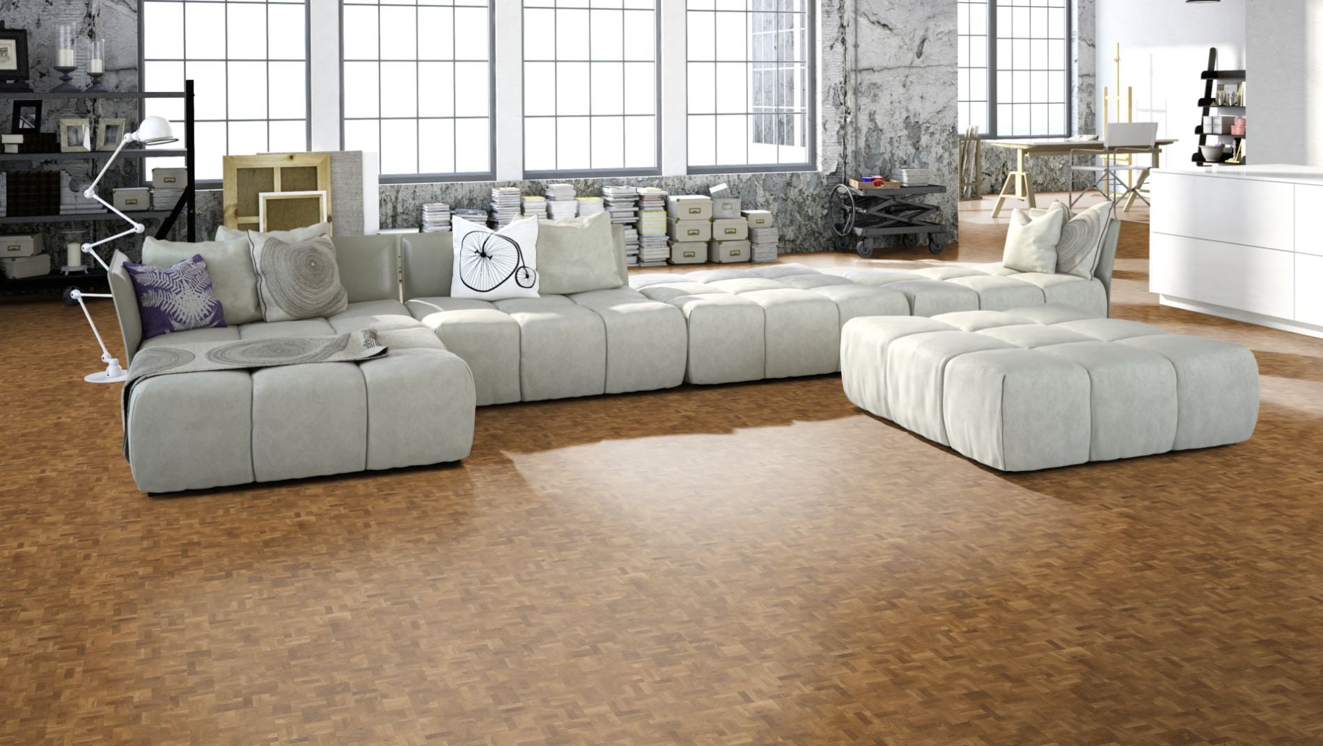 Hirnholzboden Eiche Markant 10 mm Würfel – Beispielbild Wohnzimmer mit grauem Sofa