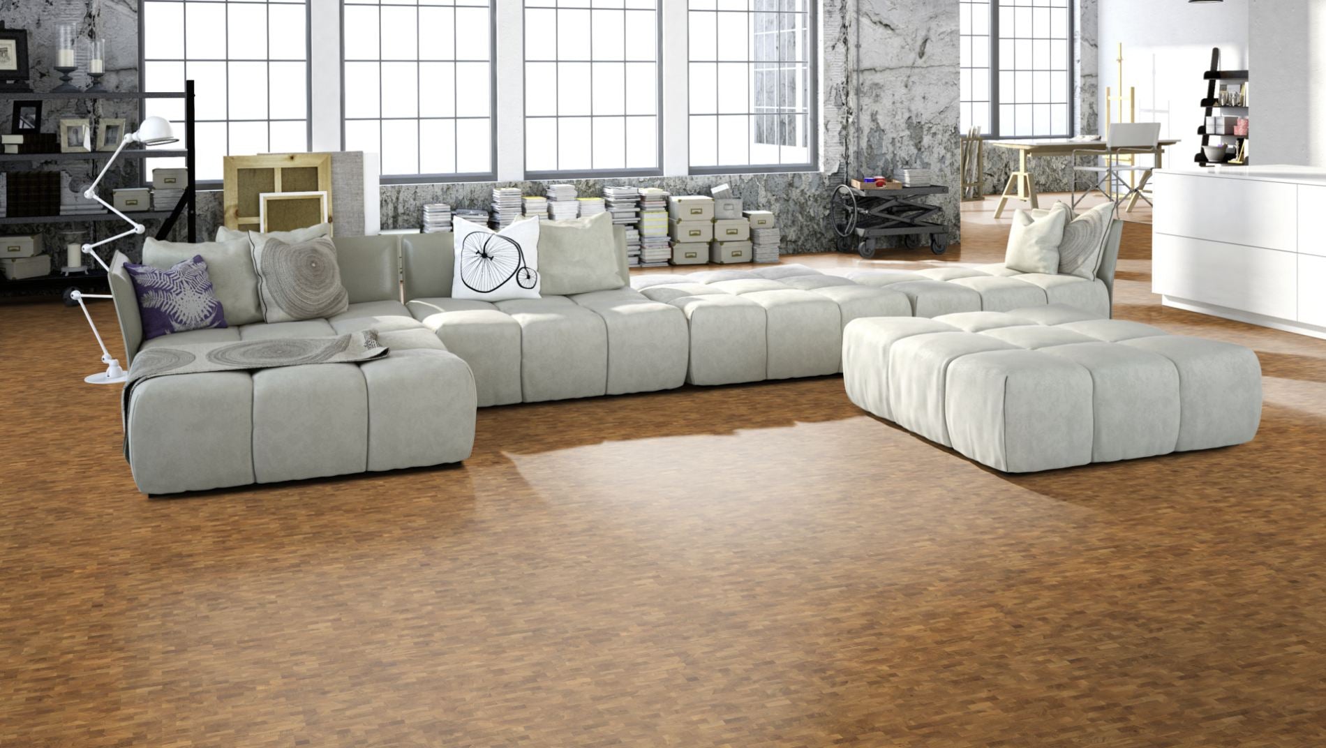 Hirnholzboden Eiche Markant 18 mm engl. Verband – Beispielbild Wohnzimmer mit grauem Sofa