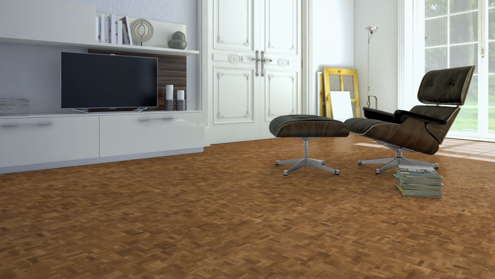 Hirnholzboden Eiche Markant 18 mm Würfel – Beispielbild Wohnzimmer mit Designer–Stuhl