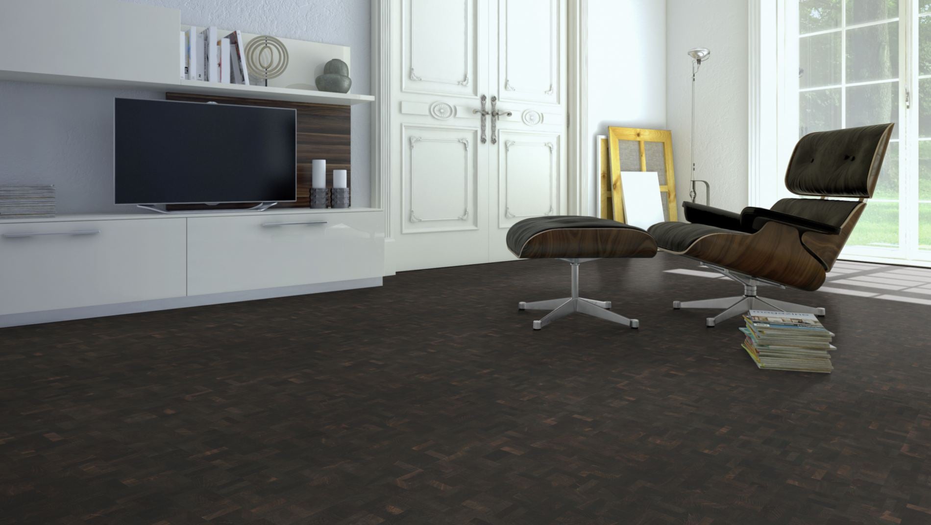 Hirnholzboden Räuchereiche Antik 10 mm Würfel – Beispielbild Wohnzimmer mit Designer–Stuhl