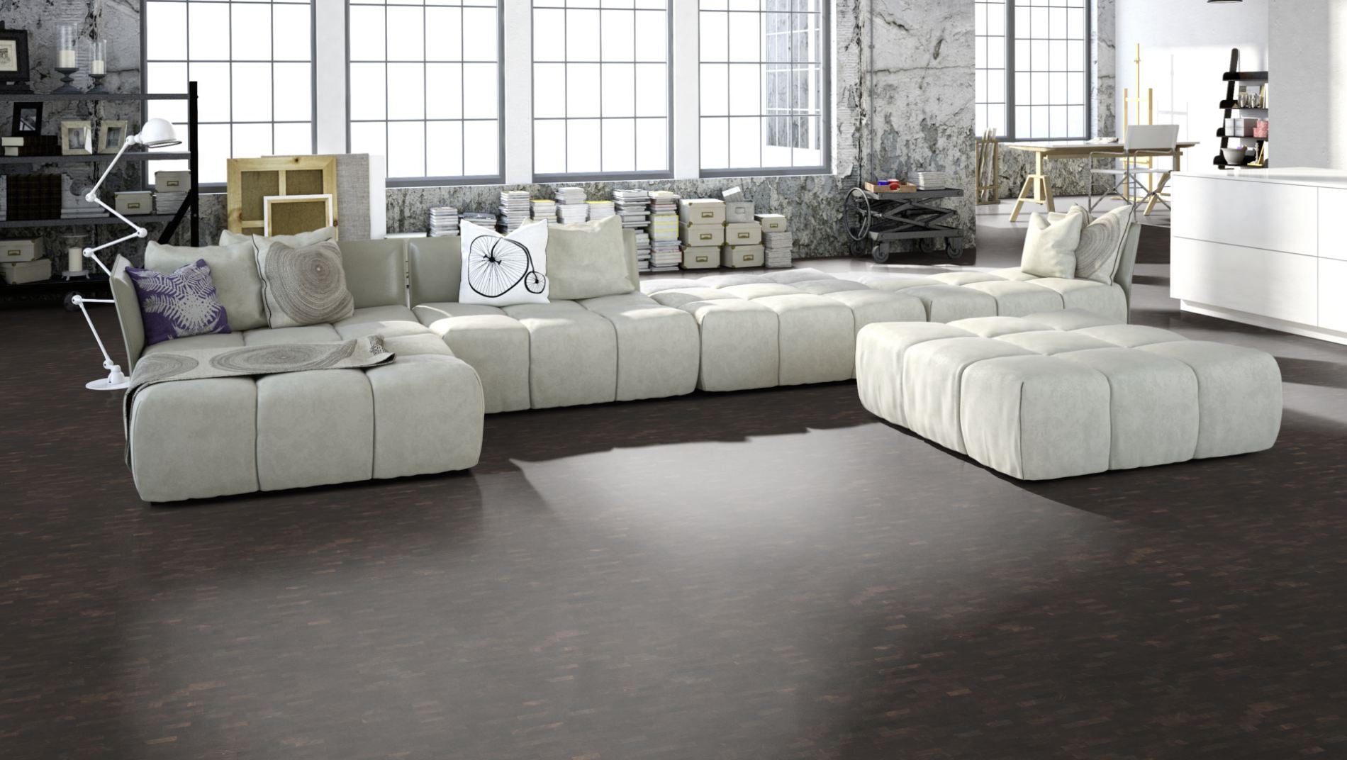 Hirnholzboden Räuchereiche Antik 18 mm engl. Verband – Beispielbild Wohnzimmer mit grauem Sofa