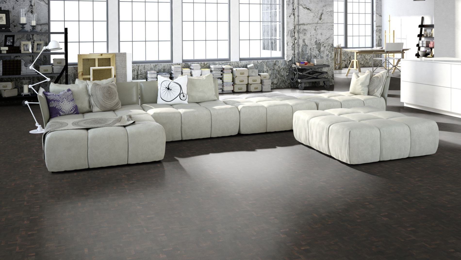 Hirnholzboden Räuchereiche Antik 18 mm Würfel – Beispielbild Wohnzimmer mit grauem Sofa
