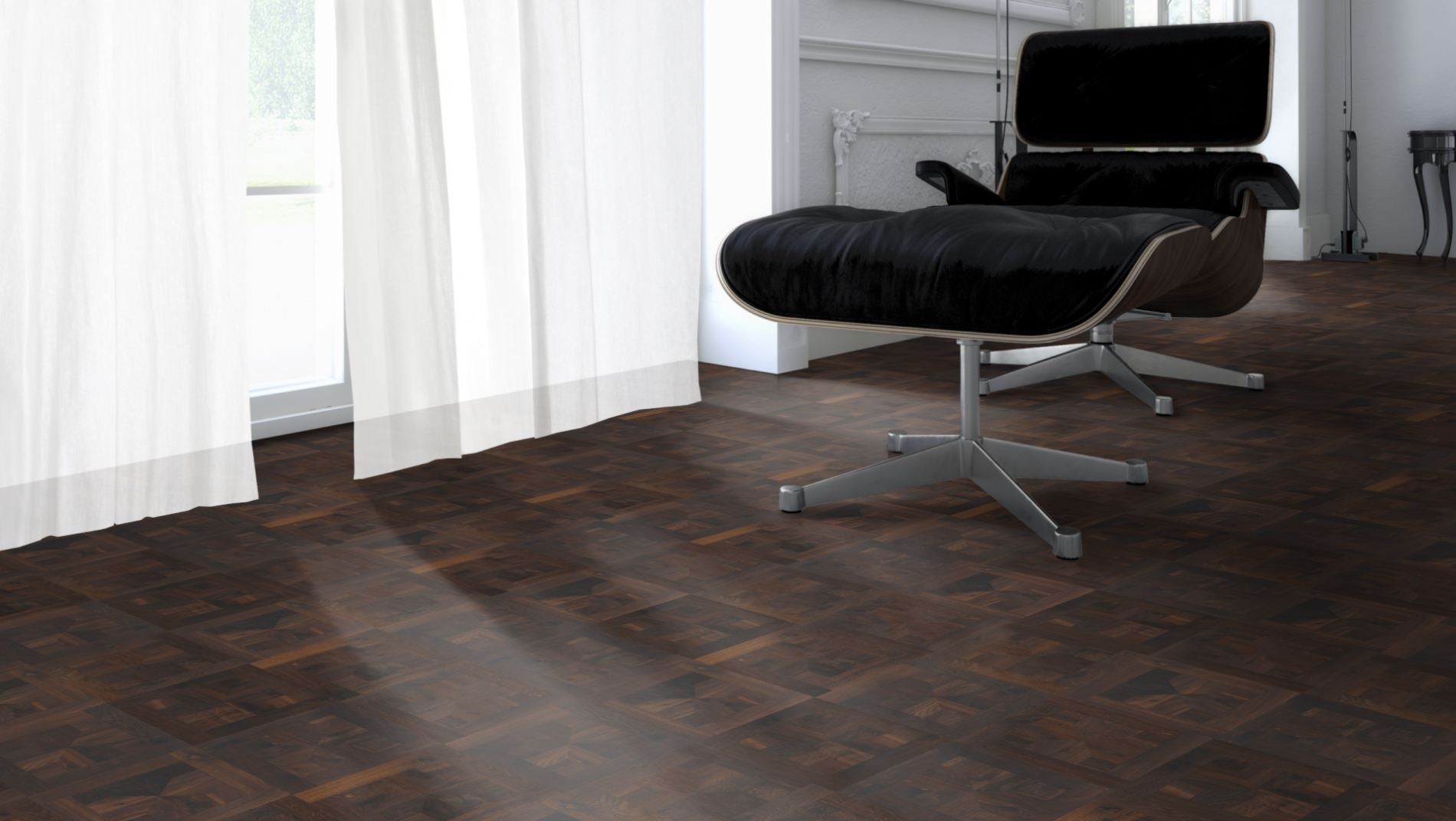Räuchereiche Naturell LONDON 50 Tafelboden massiv 10 mm 300 × 300 mm – Beispielbild Designer Stuhl