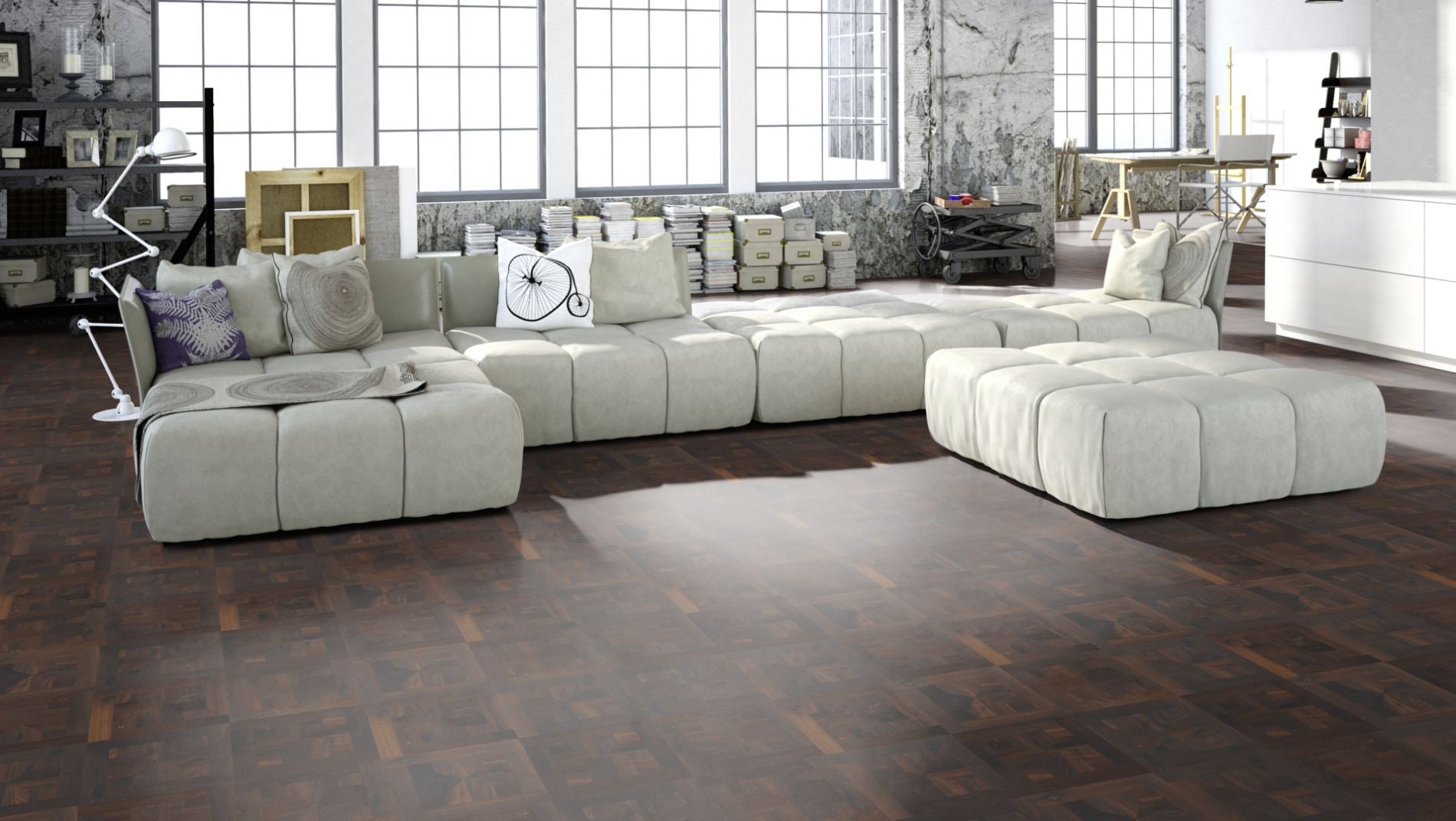 Räuchereiche Naturell LONDON 50 Tafelboden massiv 10 mm 300 × 300 mm – Beispielbild Wohnzimmer mit grauem Sofa