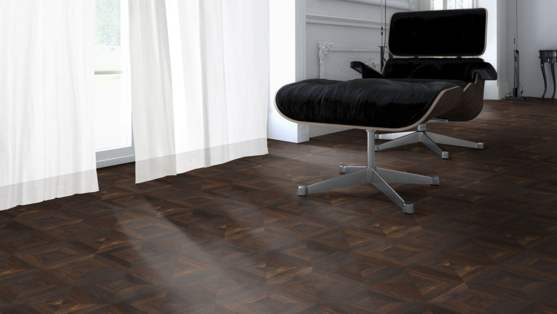 Räuchereiche Naturell BERLIN 50 Tafelboden massiv 10 mm 300 × 300 mm – Beispielbild Designer Stuhl