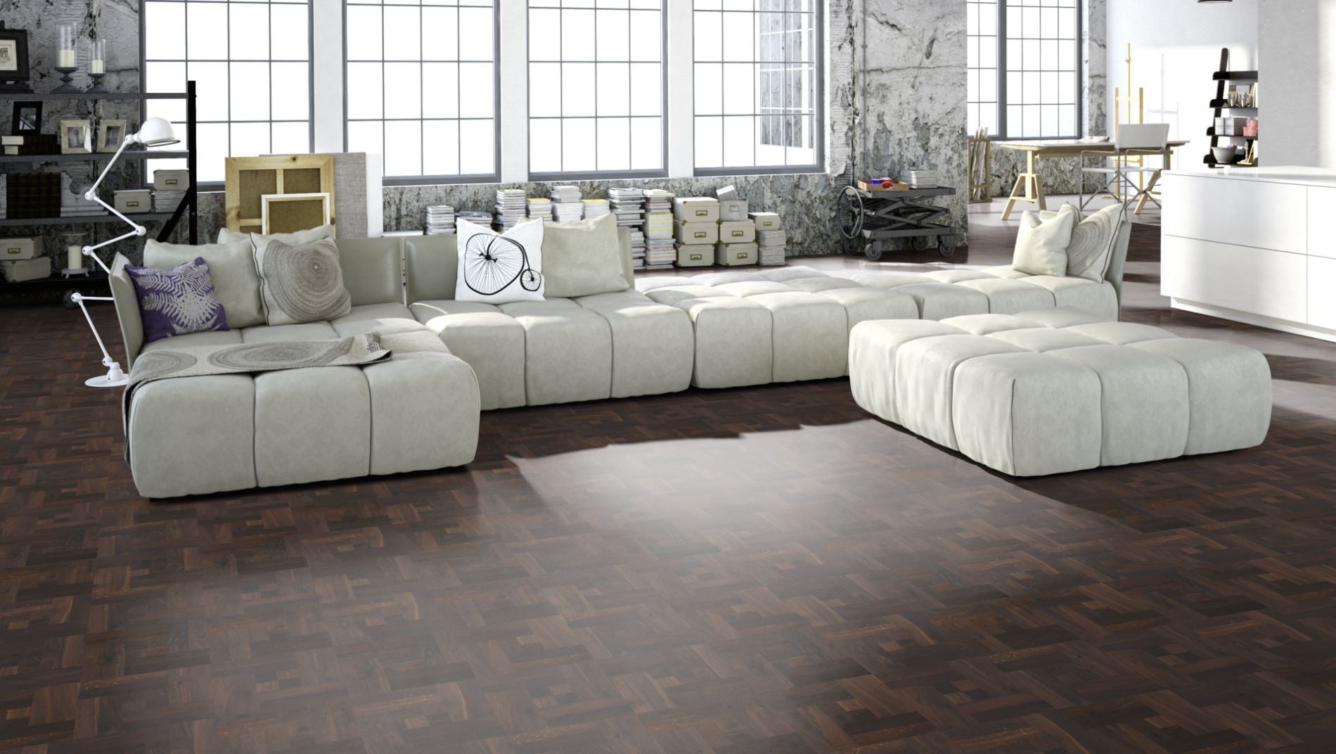 Räuchereiche Naturell PARIS 50 Tafelboden massiv 10 mm 300 × 300 mm – Beispielbild Wohnzimmer mit grauem Sofa