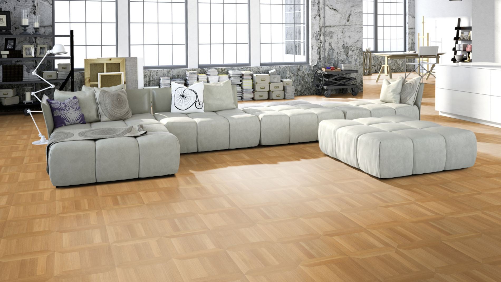 Eiche Exquisit ROM 50 Tafelboden massiv 10 mm 350 × 350 mm – Beispielbild Wohnzimmer mit grauem Sofa