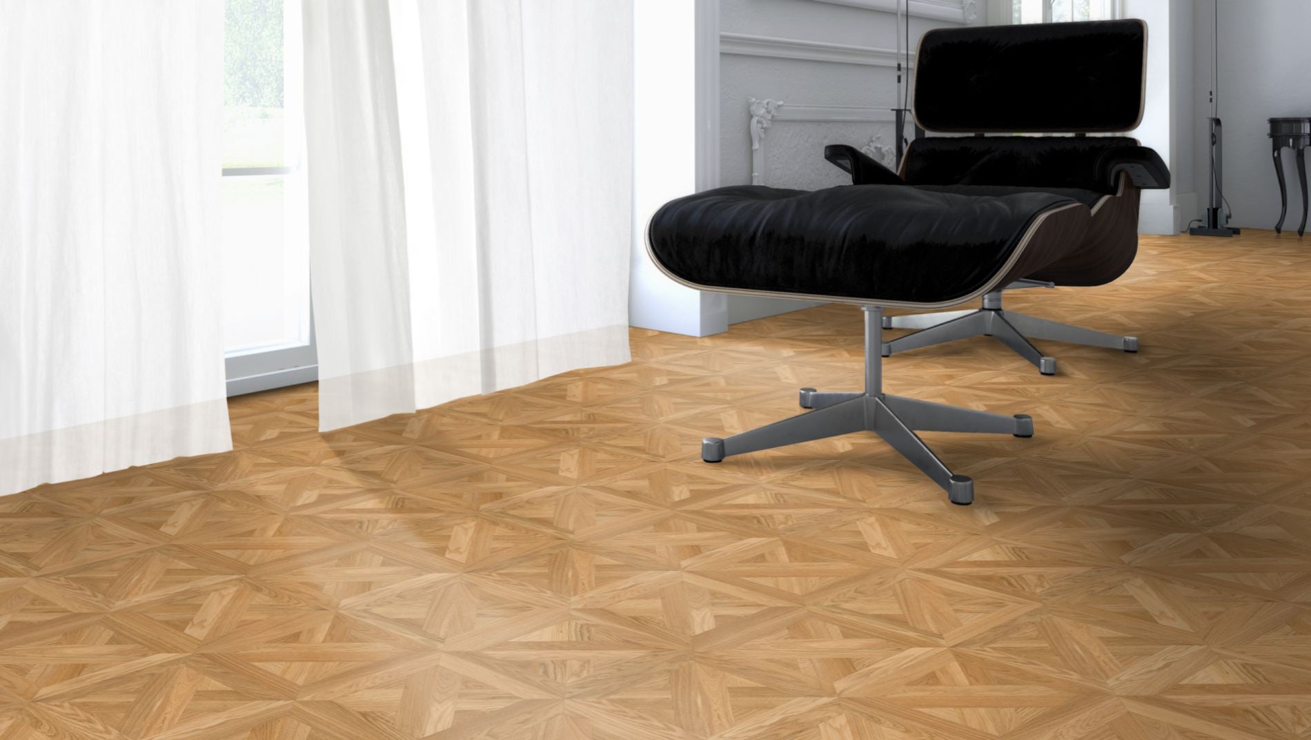 Eiche Natur BERN 50 Tafelboden massiv 10 mm 340 × 340 mm – Beispielbild Designer Stuhl