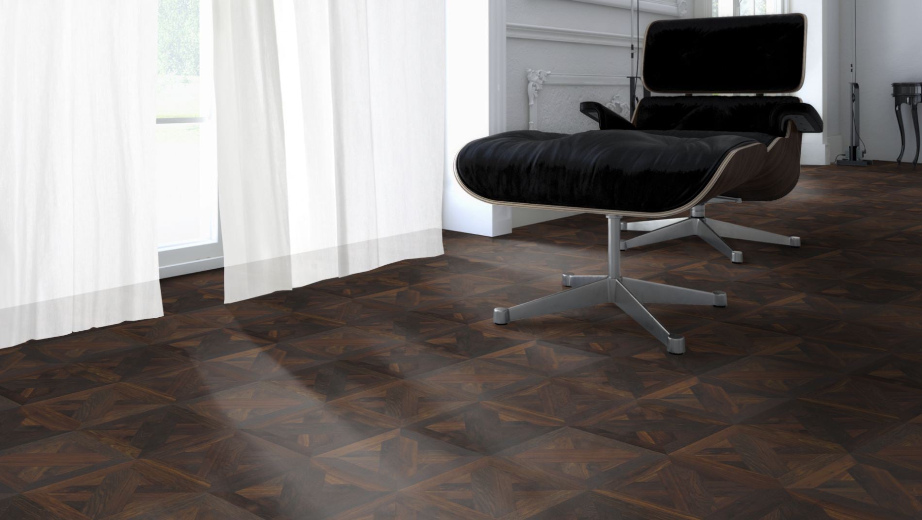 Räuchereiche Naturell BERN 50 Tafelboden massiv 10 mm 340 × 340 mm – Beispielbild Designer Stuhl