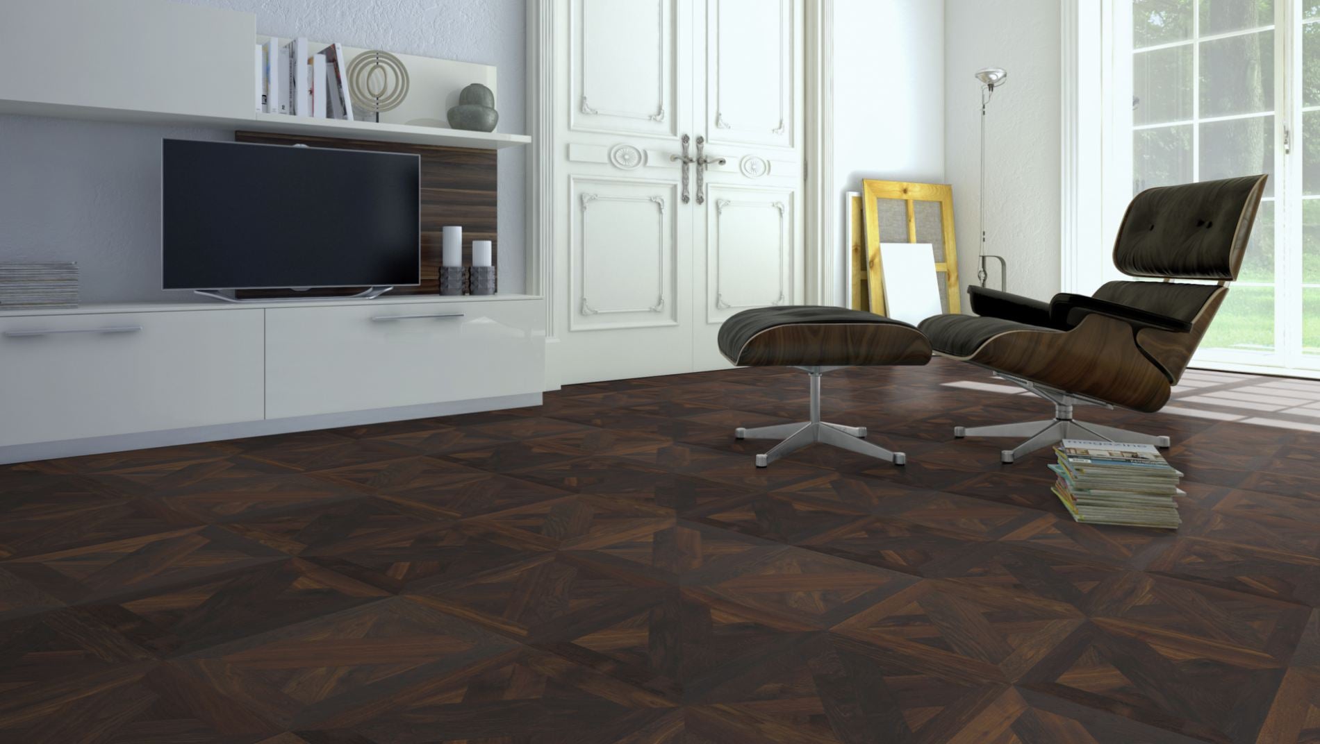 Räuchereiche Naturell BERN 50 Tafelboden massiv 10 mm 340 × 340 mm – Beispielbild Wohnzimmer mit Designer–Stuhl