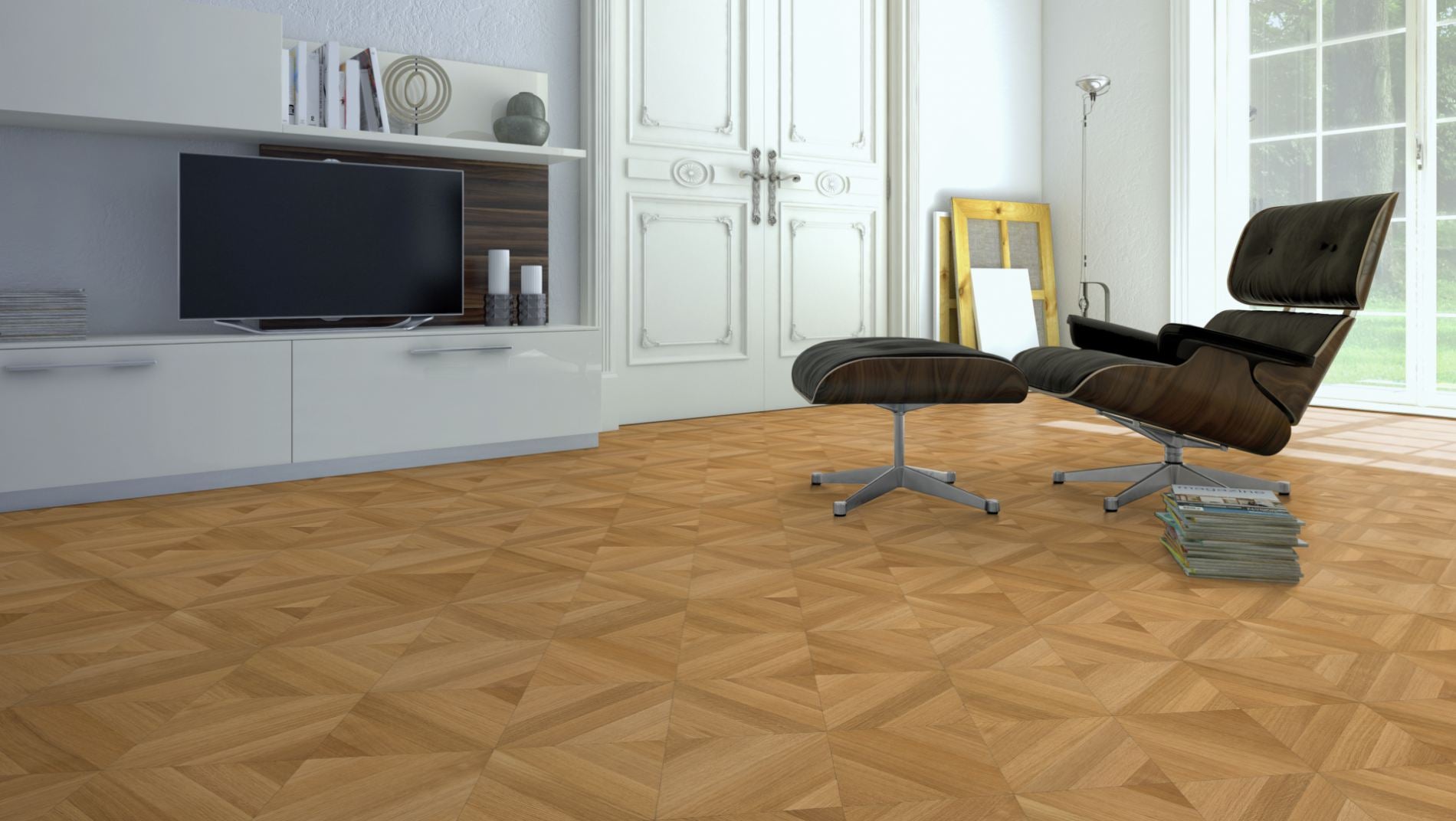 Eiche Natur BERLIN 50 Tafelboden massiv 15 mm 300 × 300 mm – Beispielbild Wohnzimmer mit Designer–Stuhl