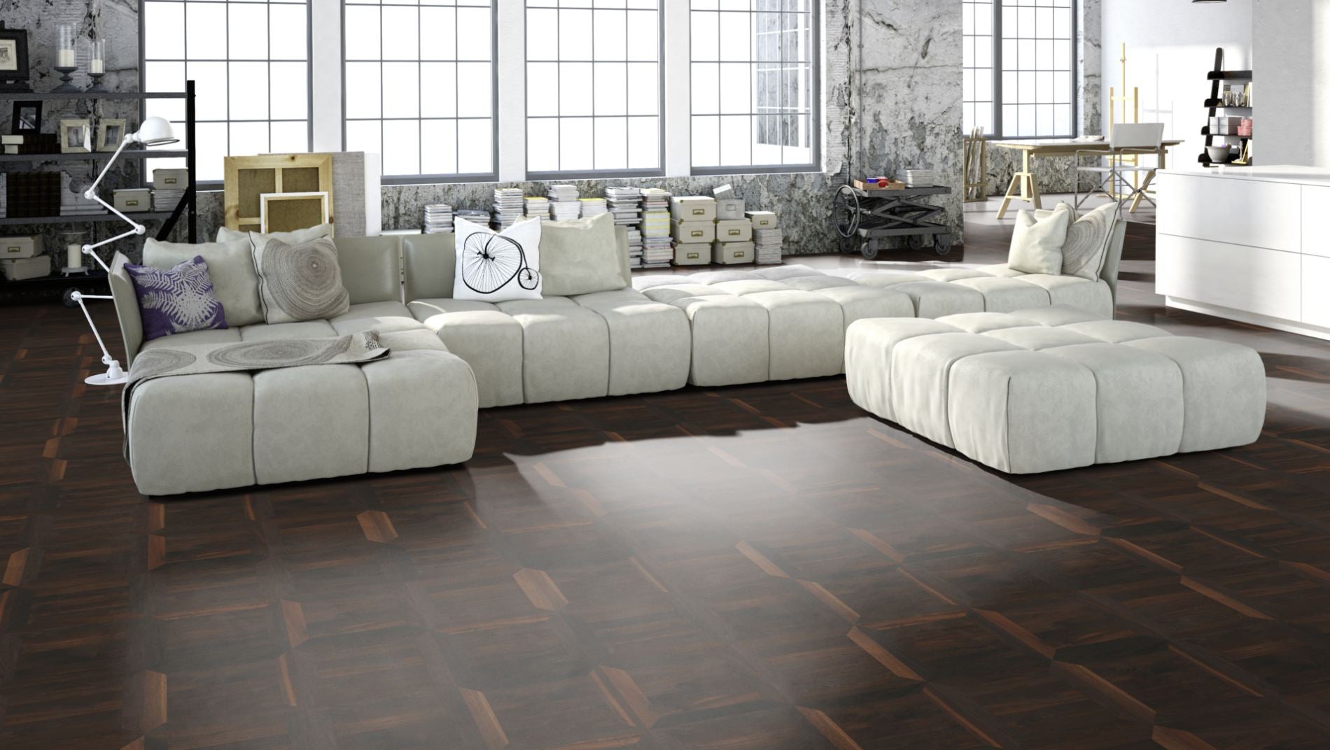 Räuchereiche Naturell ROM 50 Tafelboden massiv 15 mm 350 × 350 mm – Beispielbild Wohnzimmer mit grauem Sofa
